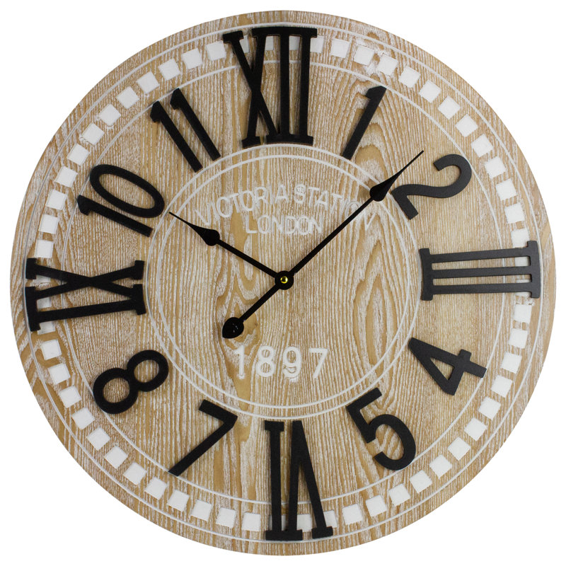 24" Black and Whitewash Wood Round Wall Clock with Roman Numerals