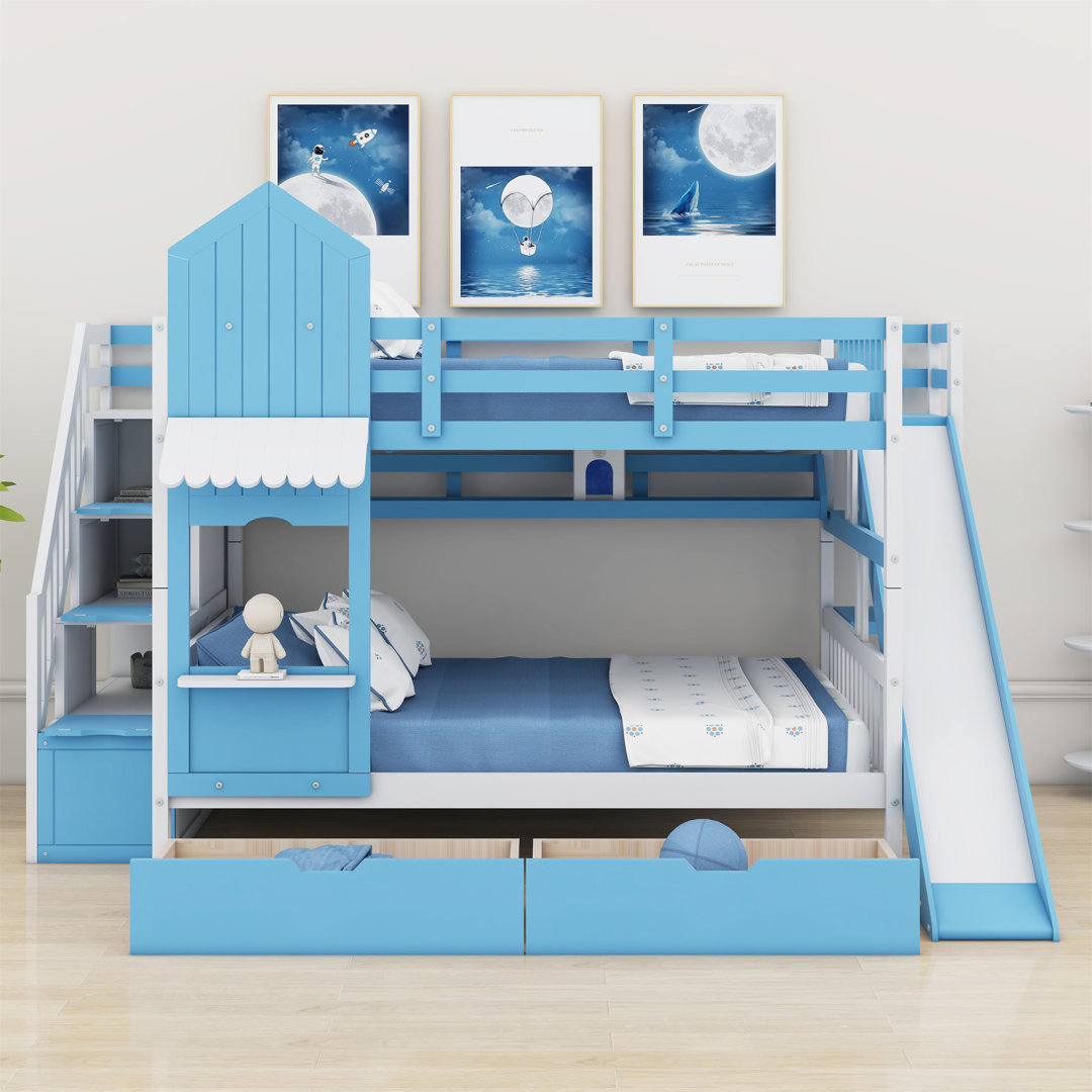 Hannu 2 Drawers Bunk Bed with Storage Stairs, Slide and Bookcase Harriet Bee