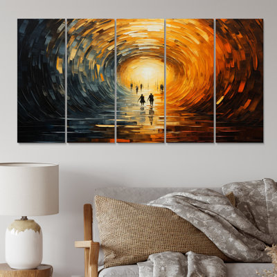 Abstrait tunnel en bois orange - impression sur toile Tunnels - 5 panneaux égaux