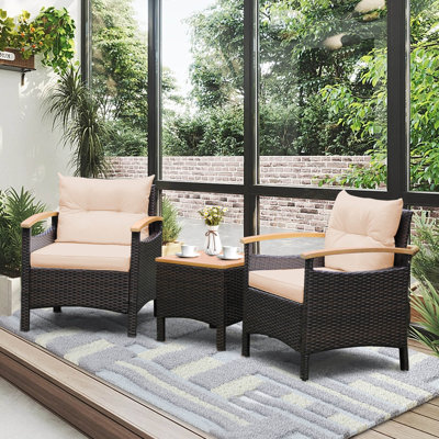 Winston Porter Patiojoy 3pcs Patio Rattan Furniture Set Wooden Armrest Table Top Cushioned Deck Beige by Winston Porter