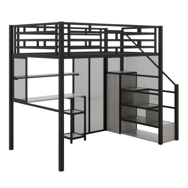 Lit mezzanine avec garde-robe, bureau, tablettes de rangement, Noir