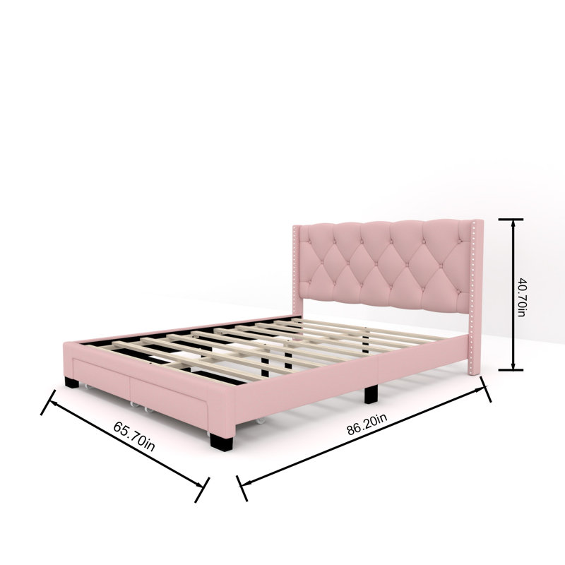 Queen Tufted Low Profile Storage Upholstered Wingback Bed - 2 Drawers