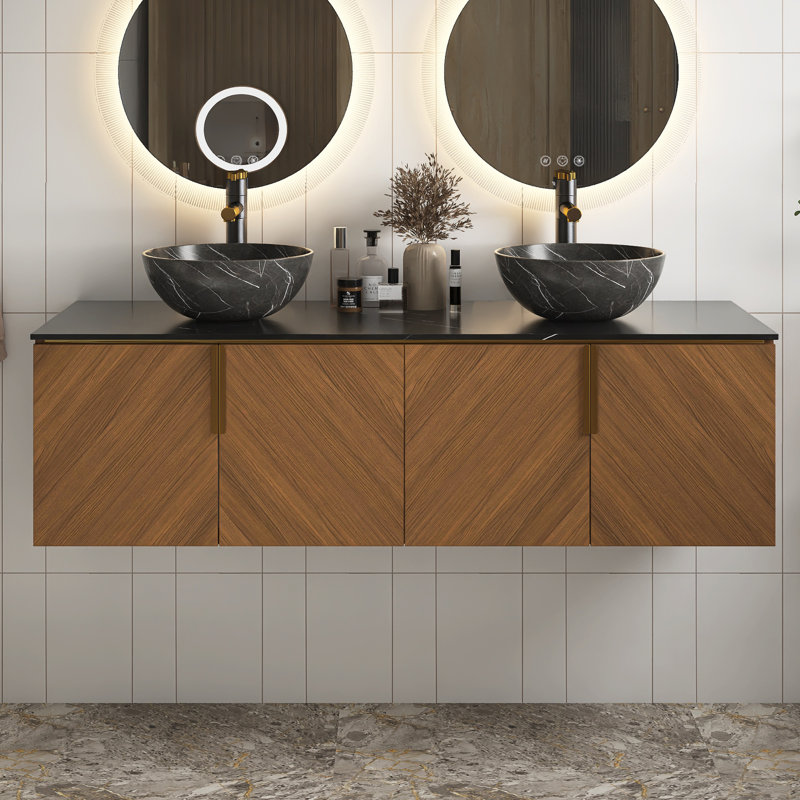 Ensemble de meuble-lavabo double 60 po avec comptoir 60 po, Oval, Noir