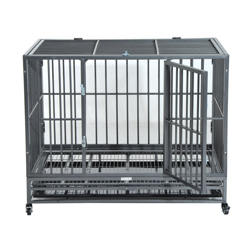 Gray Medium Rolling Steel Dog Crate with Wheels