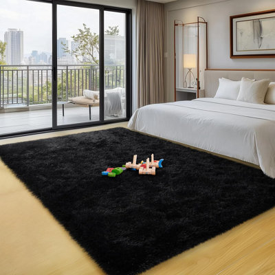 3X5 Black Fluffy Soft Shaggy Rug, Fuzzy Plush Small Area Rug For Bedroom Living Room, Modern Carpet For Dorm Nursery Kids Room Home Decor, 3Ft X 5Ft