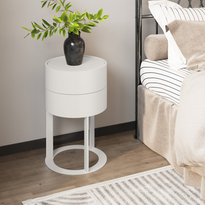 2 - Drawer Round End Table， Rotary Opening Nightstand, White