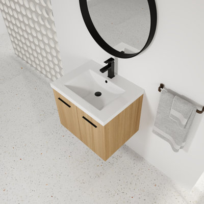  Meuble-lavabo flottant 24 po avec évier, contreplaqué de chêne clair, lavabo en résine