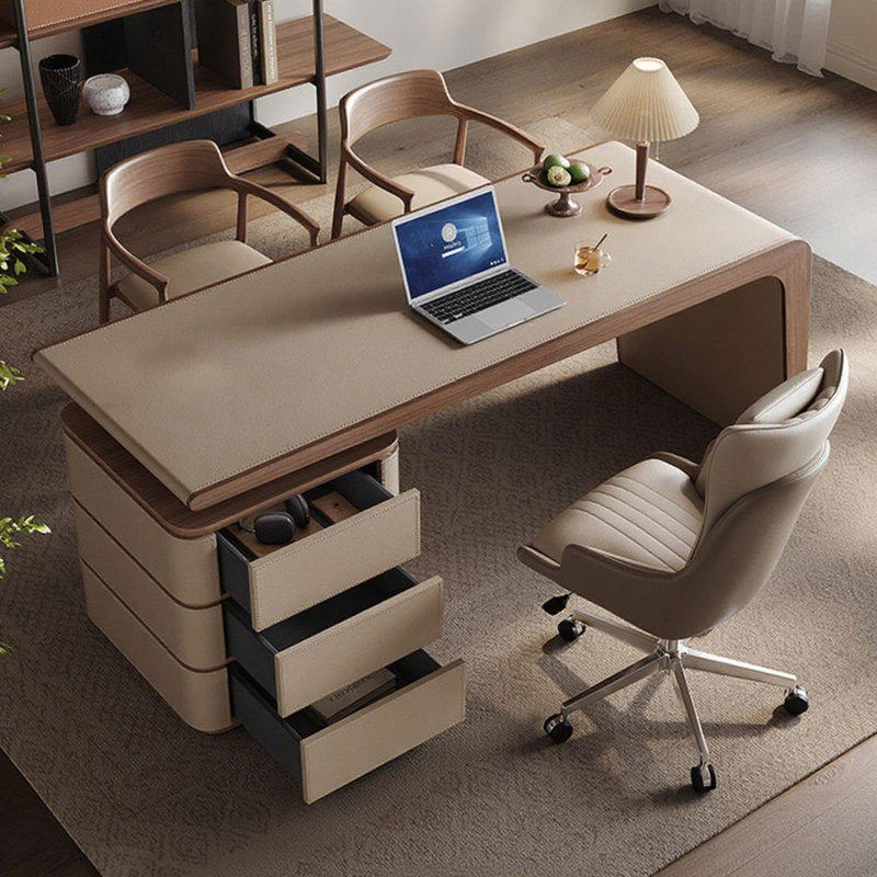 Bureau rectangulaire en bois manufacturé kaki + brun noisette avec 3 tiroirs, Retour à gauche