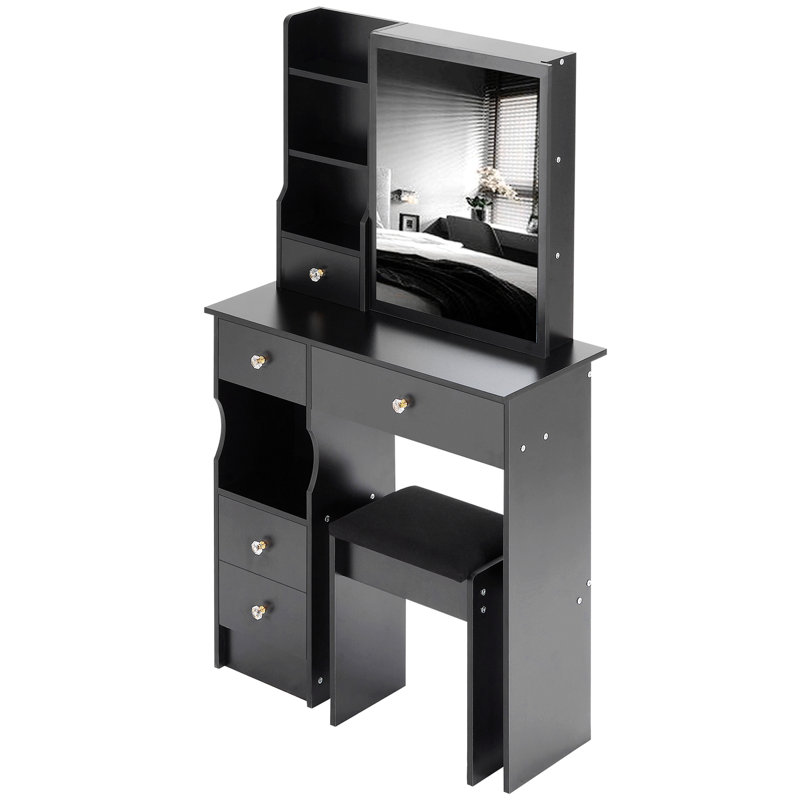 Small Size Left Drawer Desktop Vanity Table + Cushioned Stool, Extra Large Sliding Mirror, Multi Layer, High Capacity Storage Fashionable Dresser, Suitable For Small Space, EPA,GCC,UL Certificate