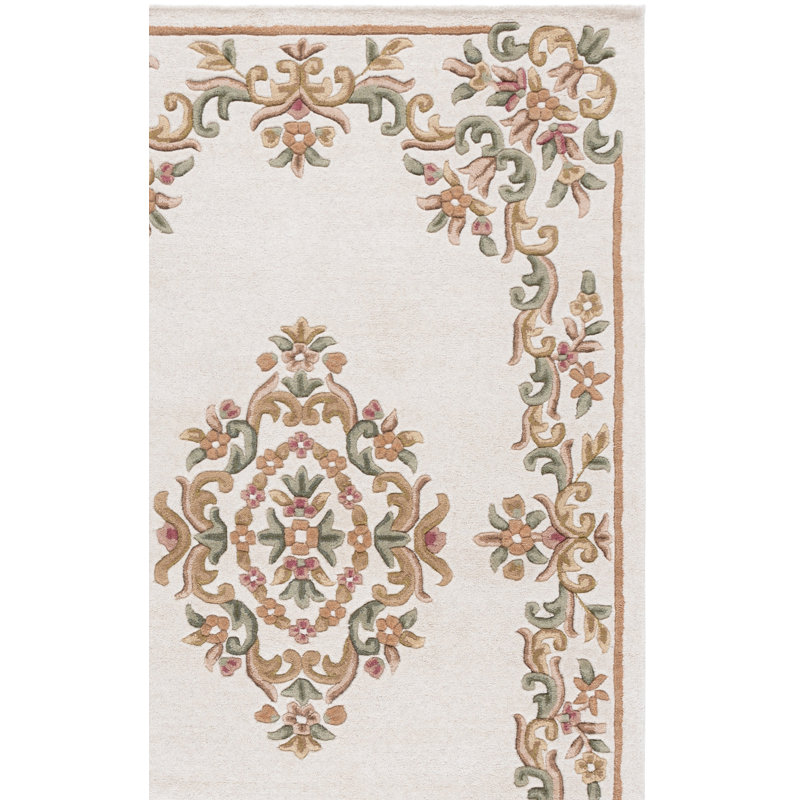 Stemple Hand Tufted Wool/Cotton Floral Rug in Green/Ivory, Rectangle 3' x 5'