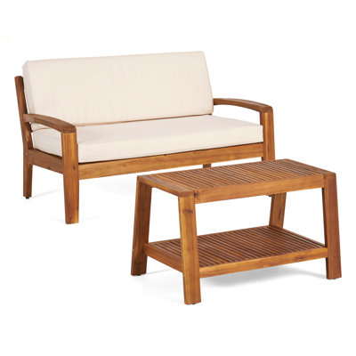 2-Piece Outdoor Acacia Wood Conversation Set - Loveseat & Coffee Table With Water-Resistant Cushions, 350Lbs Capacity For Patio, Deck & Backyard