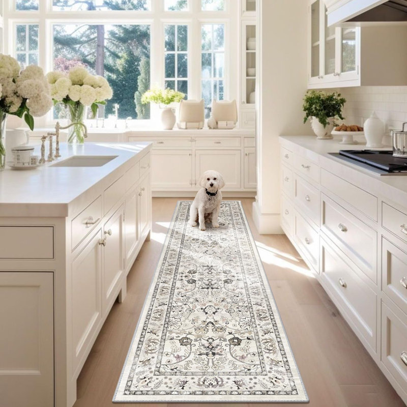 Washable Runner Rug Soft Faux Wool Kitchen Rug for Kitchen Laundry Entryway Bedroom, Cream, Runner 2' x 8'