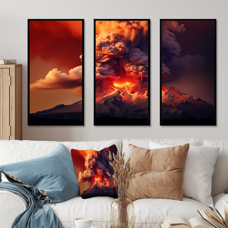 Ensemble de salon Volcano Volcanic Explosion VII - Volcano Wall Art, Cadre flottant noir, H 32 po x l 48 po x P 1 po
