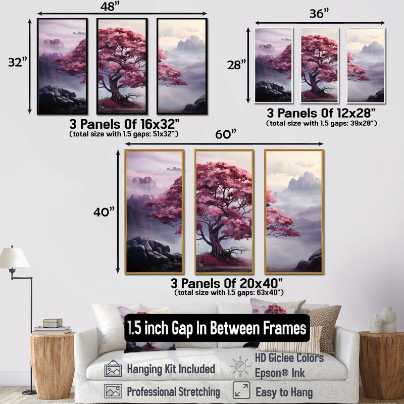Ensemble de décorations murales Mystic Pink Trees In Amethyst Landscape IV - Arbre séquoia, H 28 po x l 36 po x P 1 po