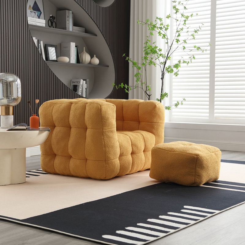 fauteuil à billes avec repose-pieds, Polyester jaune