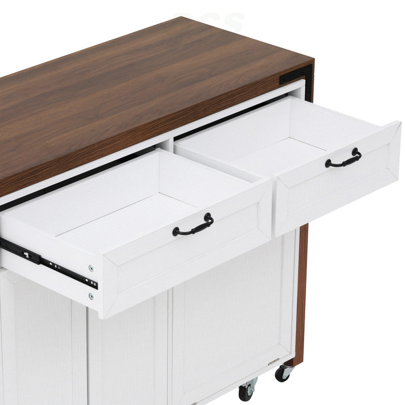 102.3" Kitchen Island With Extendable Dining Table, Kitchen Rolling Island Cart With Trash Storage Cabinet, 3-Tier Pull-Out Spice Rack, Mobile Island Table On Wheels For Kitchen, Dining Room,White, Kitchen Island