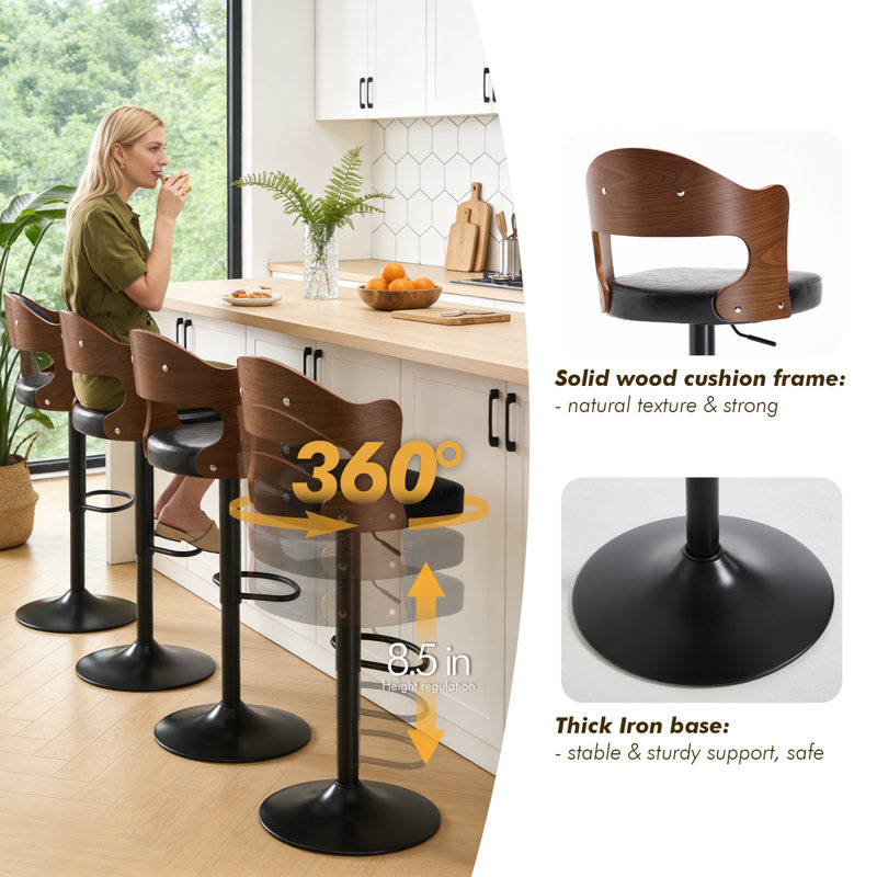 Modern Swivel Bar Stools Set Of 4, Wooden Upholstered Pu Leather Barstools With Back & Footrest, Counter Height Bar Chairs For Kitchen Island