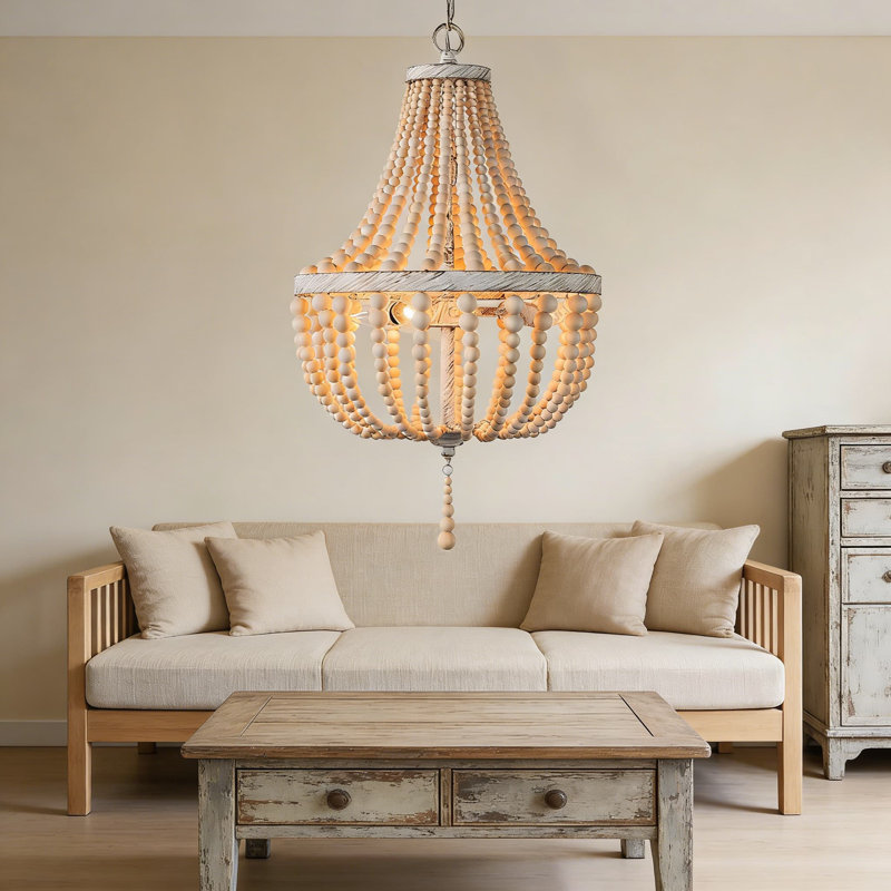 Luminaire lustre en perles de bois Boho, luminaire suspendu rustique antique à 3 lumières avec perles en chêne naturel pour îlot de cuisine, salle à manger, chambre à coucher et entrée