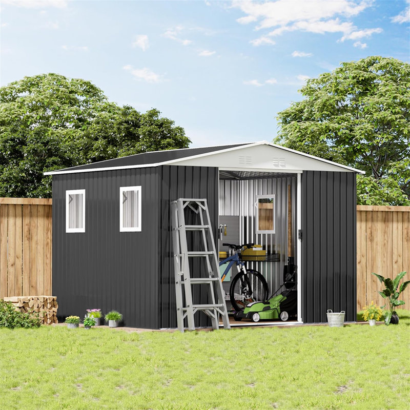 Abri de jardin extérieur 12 pi x 10 pi Apex toit gris avec 4 fenêtres et cadre en alliage d'aluminium, Gris