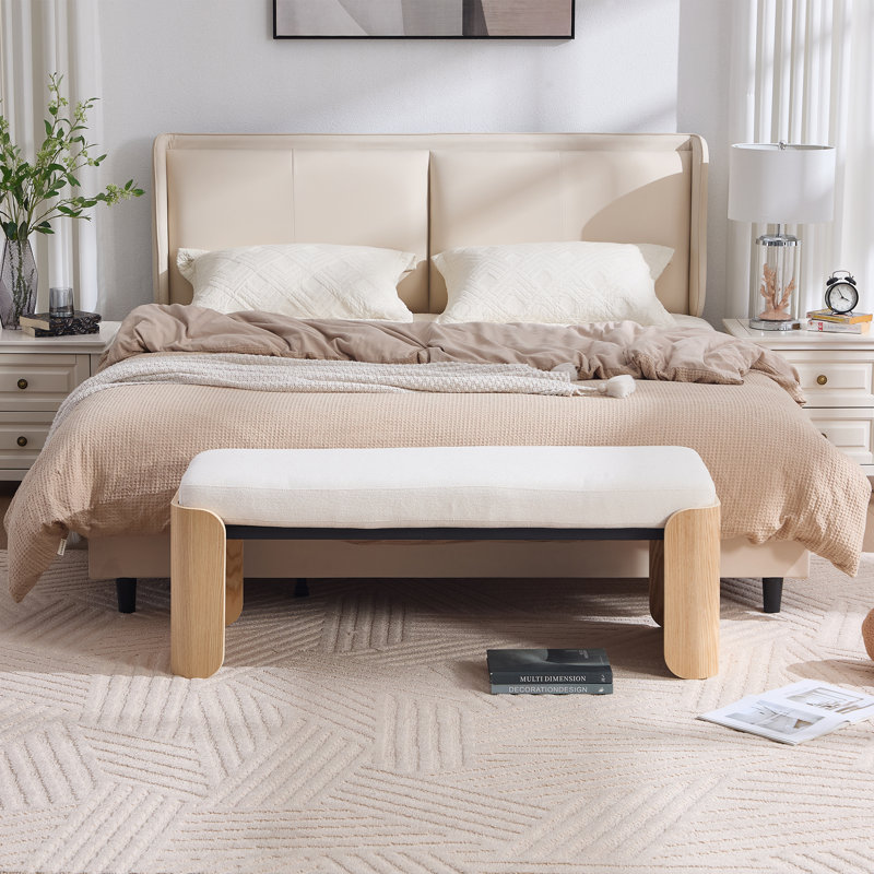 Banc rembourré en bois massif, Chenille blanc / naturel