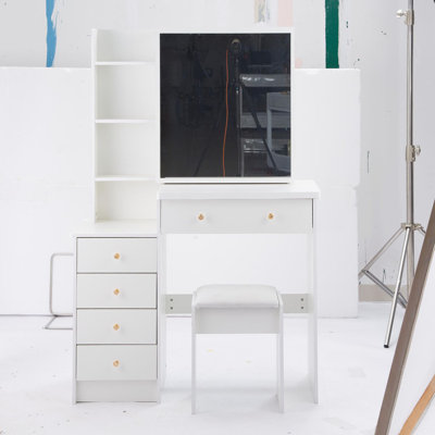 37-Inch Middle-Size Left Bedside Cabinet with Vanity Table, Cushioned Stool, Extra Large Right Sliding Mirror, Multi-Layer High-Capacity Storage, Practical and Fashionable Dresser for Large Spaces