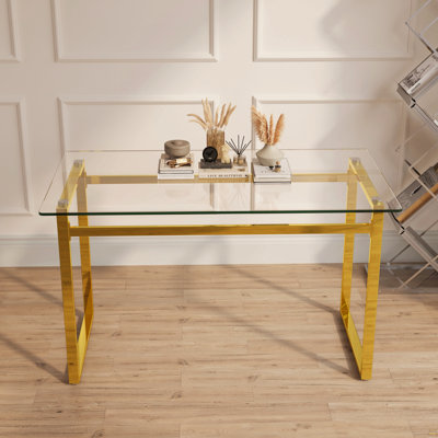 Table de salle à manger 51 "moderne en verre rectangulaire pour 4 personnes avec plateau en verre trempé de 0,31" et pieds en métal chromé doré