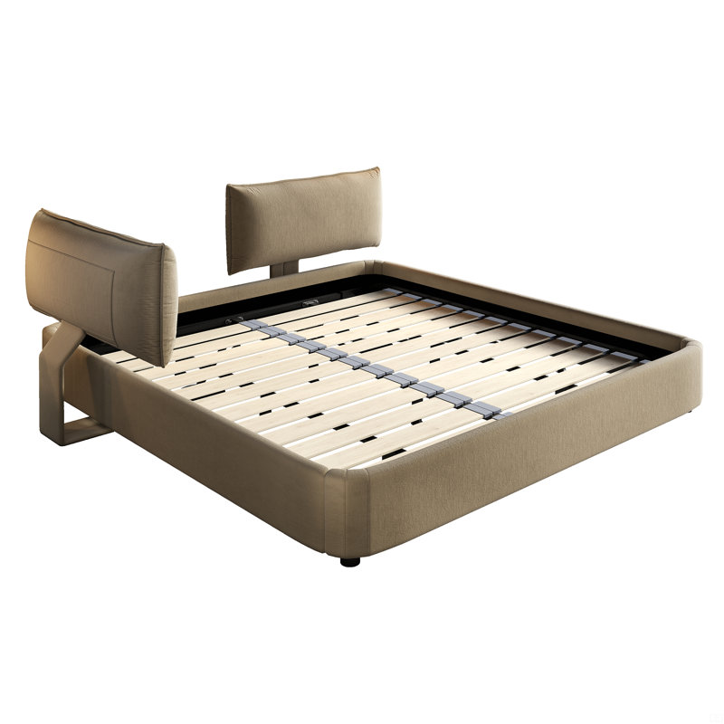 Lit plateforme en chenille avec tête de lit rembourrée et très grand lit, Chameau