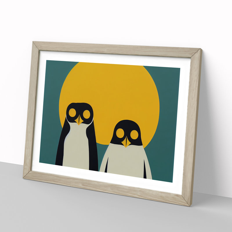 XH1022-9259X Two Abstract Penguins - Single Picture Frame Print, 46cm H x 64cm W x 2cm D, Oak Framed