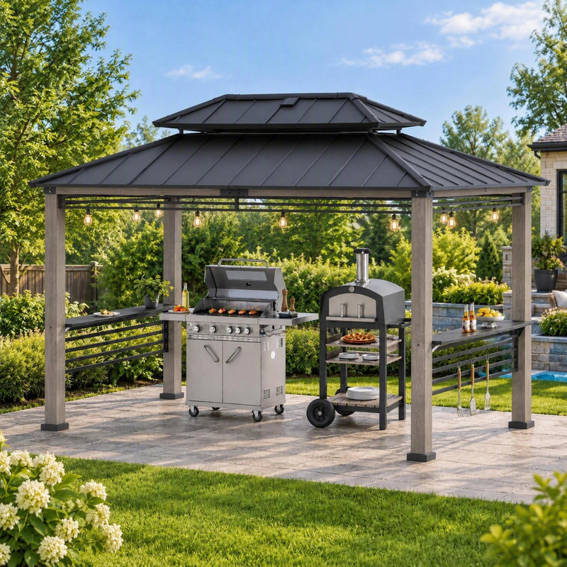 Gazebo de jardin Sunjoy 2,4 m x 3,7 m avec panneau solaire et supports suspendus. Toit rigide de 2,9 m de haut, toit double en acier, 2 étagères latérales, idéal pour terrasse, pelouse ou jardin. Couleur : gris.