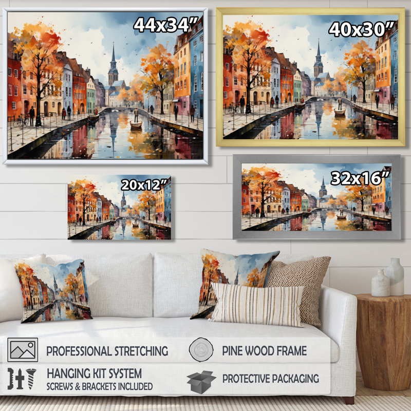«Danemark Canal Promenade II», reproduction sur toile, H 16 po x l 32 po x P 1 po, Cadre photo argenté