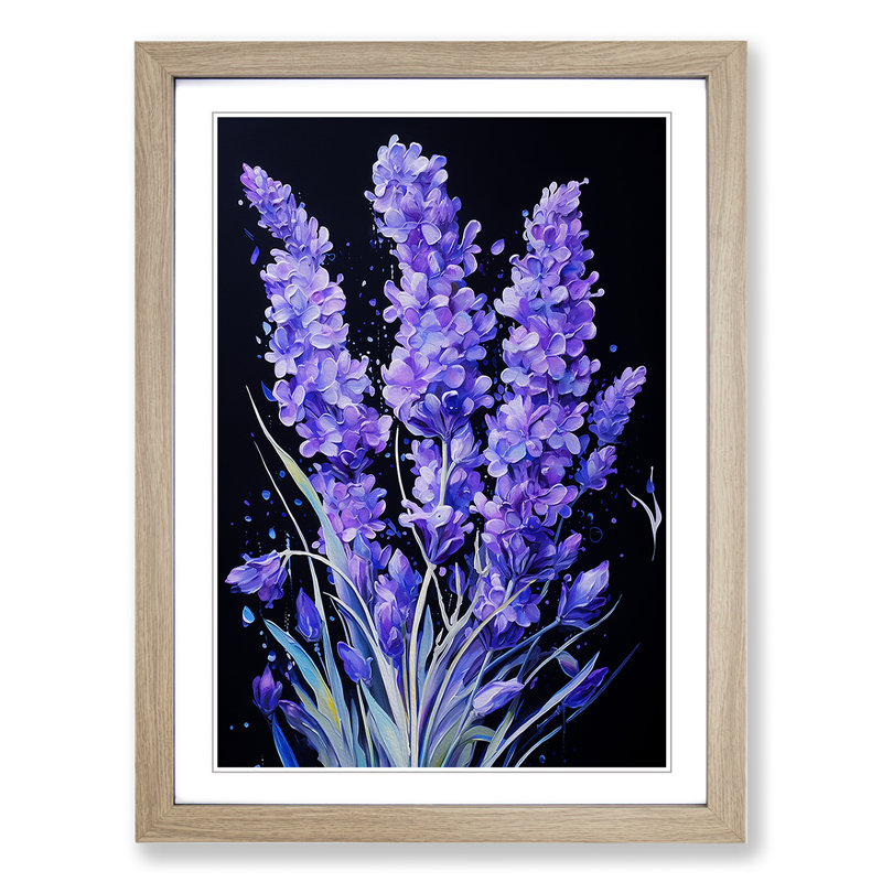 Lavender Flower Informel - Single Picture Frame Print on Wood, Oak, 34cm H x 25cm W x 2cm D