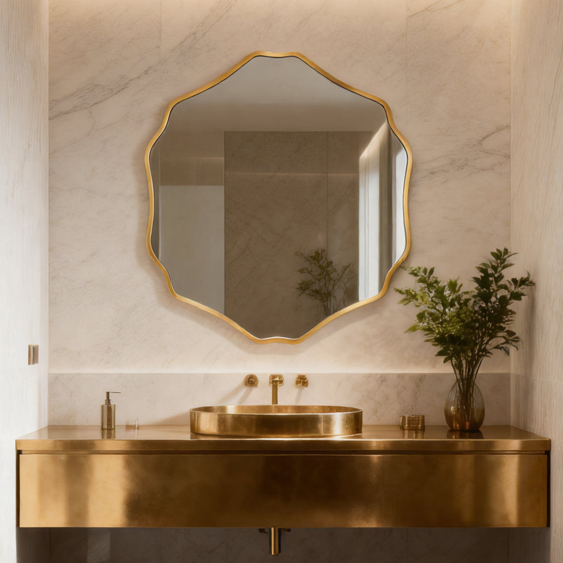 Scalloped Wall Mirror with Metal Frame – Decorative Vanity Mirror for Bathroom, Entryway & Living Room, Gold,32"x36" - Gold, 32" x 36"