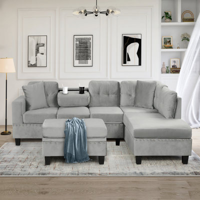 Canapé modulaire de 105 po avec repose-pieds avec rangement, canapé en L avec 2 coussins et porte-gobelets, canapé modulaire avec méridienne réversible pour le salon