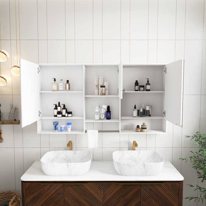 Armoire à miroir murale 3-en-1 de 55 po en MDF blanc de haute qualité avec tablette réglable, charnières à fermeture en douceur, pour meuble-lavabo de salle de bain, salon, rangement de chambre à coucher