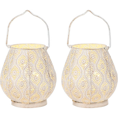 Set of Two 10" Beige Pierced Geometric Cordless Lantern Lamps