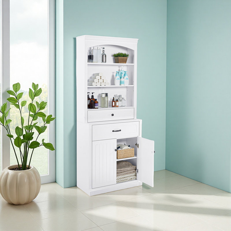 White Bathroom Storage Cabinet With Four Doors, Drawers, Adjustable Shelf & Six Open Shelves