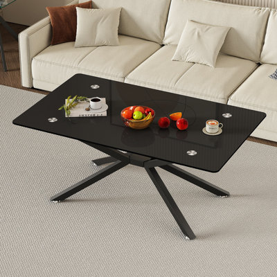 Table basse de 39,37 po rectangulaire en verre noir, design élégant avec pieds en métal noir, table basse pour le salon