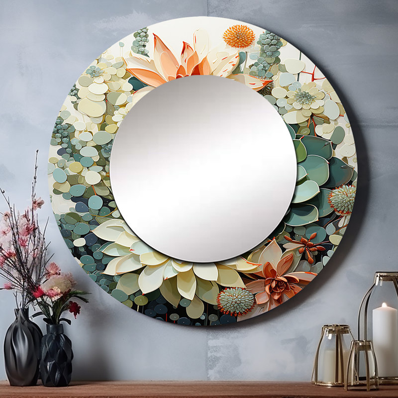 «Sabba Green White Succulents Flowers Serene Succulents I», grand miroir mural rond traditionnel, reproduction d'art en métal