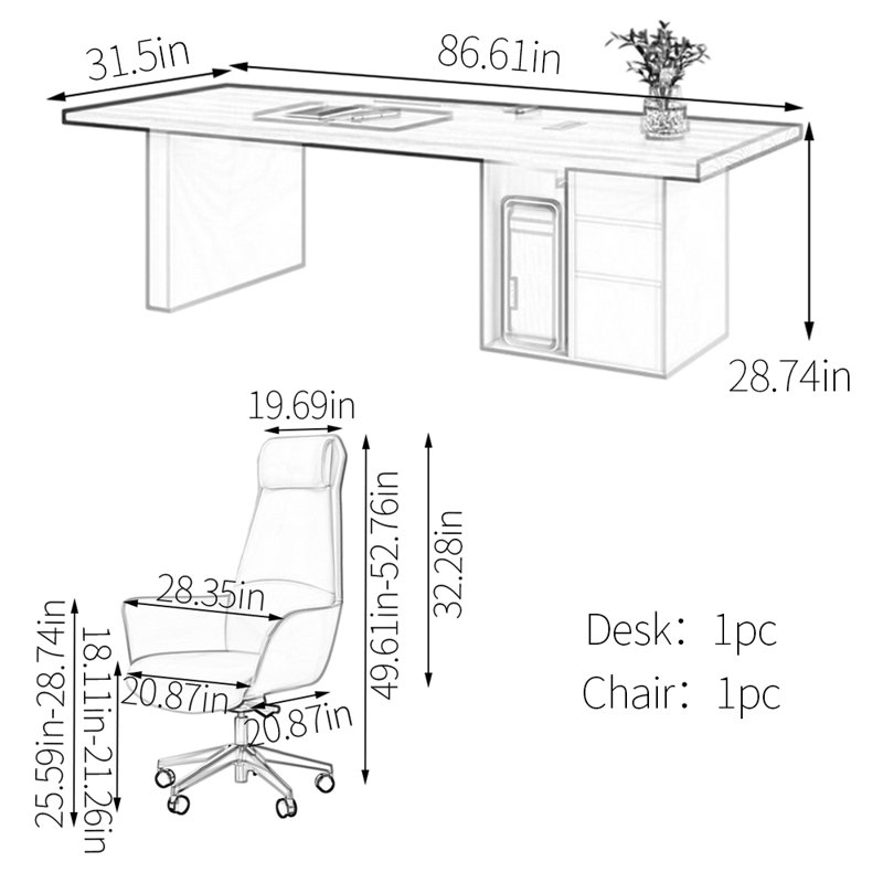 Bureau de qualité supérieure en noyer, H 28,74 po x l 86,61 po x P 31,5 po