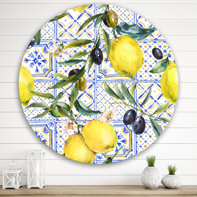 " Lemon Ornament On Blue Geometrical Pattern III " Watercolor Print