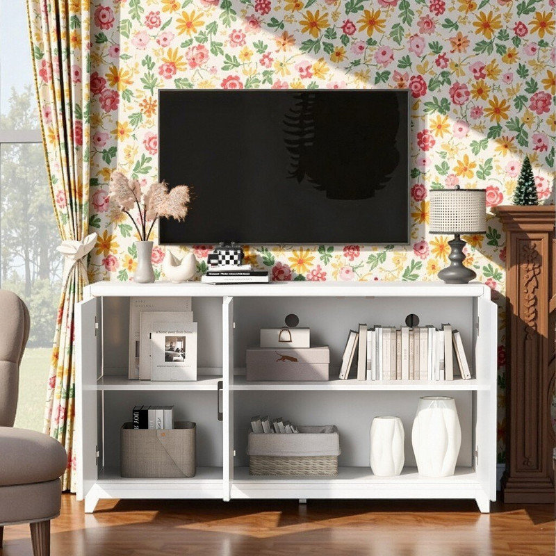 Meuble télé 65 po avec pieds en bois massif et deux armoires de rangement l 59 po, Blanc