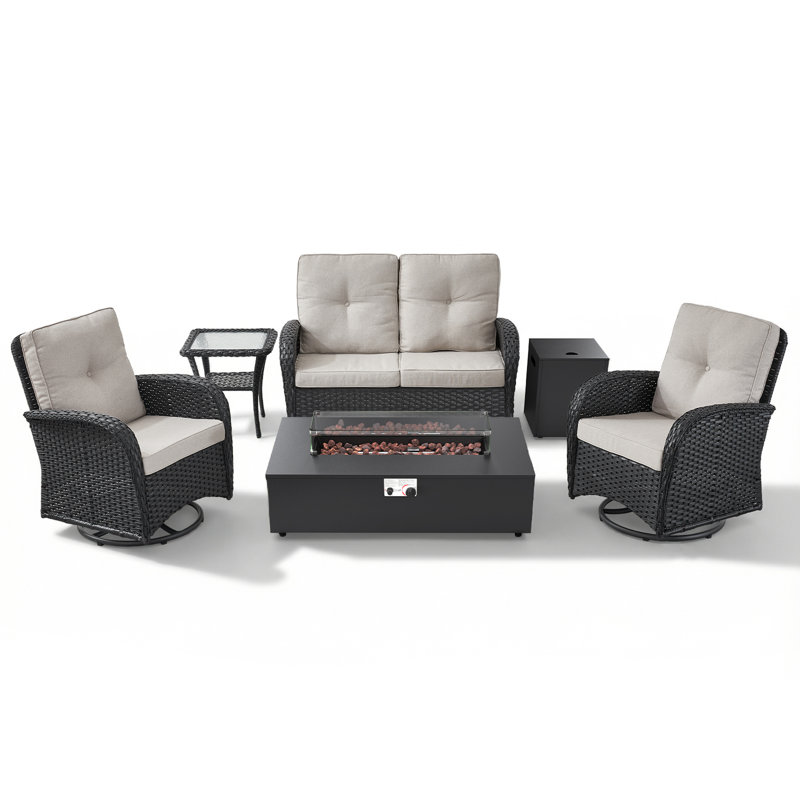 Esquer 5-Pieces Outdoor Wicker Patio Loveseat Conversation Furniture Set With Rocking & Swivel Chairs And Rectangular Fire Pit Table