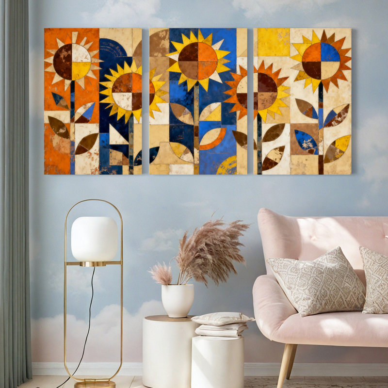 Tableau abstrait à motif de tournesol sur toile tendue, style géométrique moderne (lot de 5), H 30 po x l 60 po