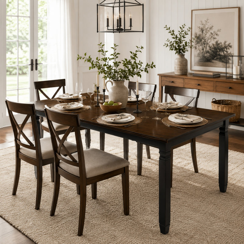 Table de salle à manger extensible Vonnie 59"-77" pour 4 à 6 personnes, table de cuisine rectangulaire en placage de chêne avec pieds en hévéa massif, style ferme moderne