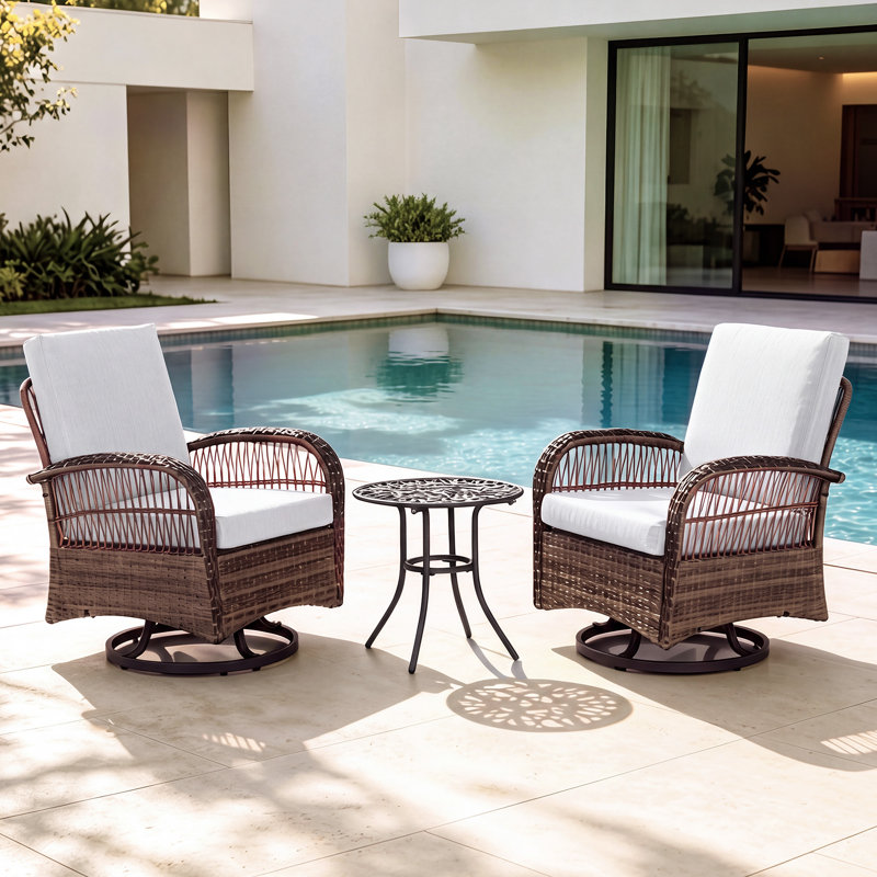 Chaises pivotantes en osier / rotin pour 2 personnes avec coussins et table en oléfine, Blanc