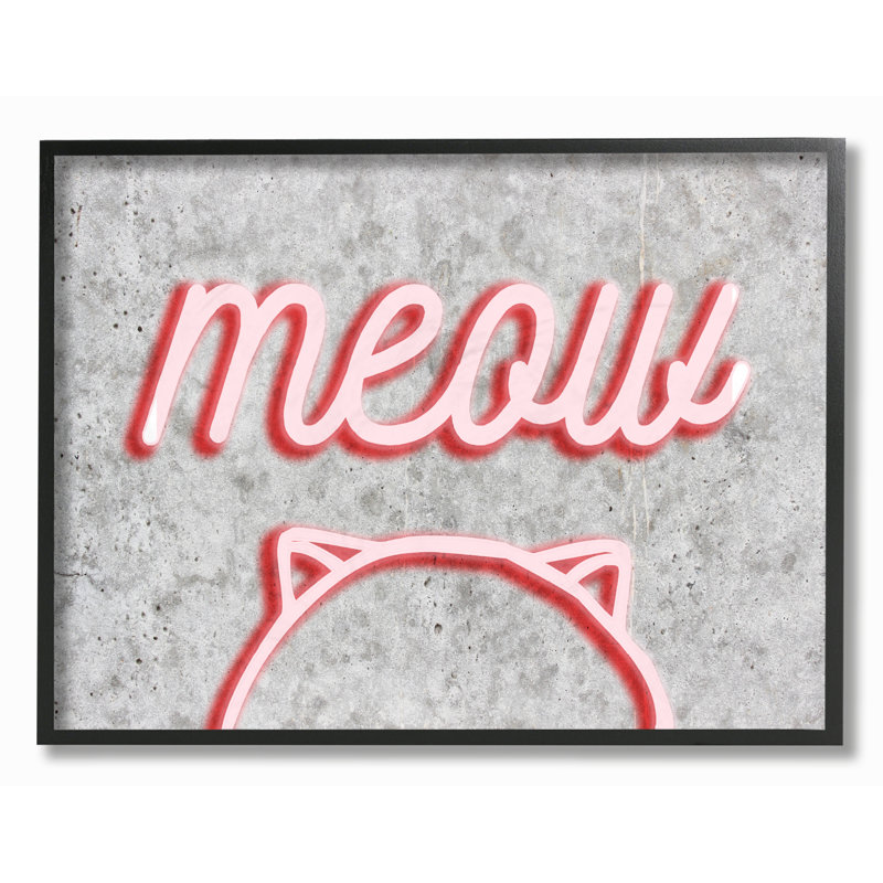 « cats meow néon kitty », art textuel encadré, H 16 po x l 20 po, Giclée encadrée noir minuit