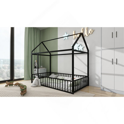 Structure de lit simple en métal avec clôture, pour adolescents, filles et garçons