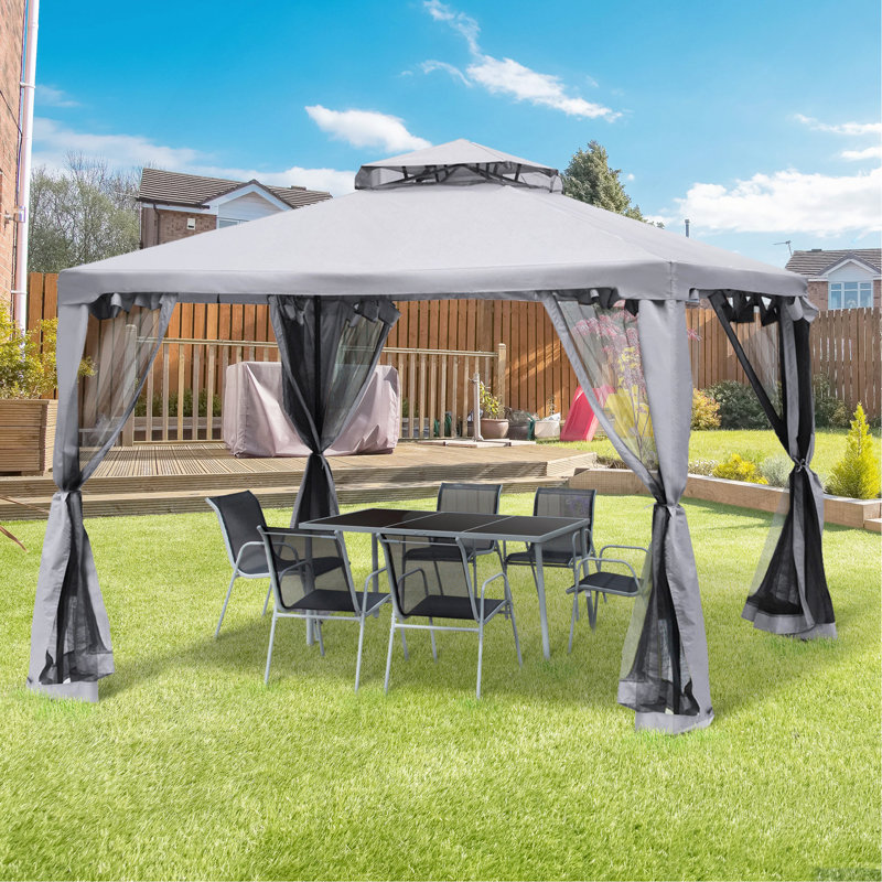 9. 6' X 9. 6' Patio Gazebo, Outdoor Canopy Shelter With 2 - Tier Roof And Netting, Steel Frame