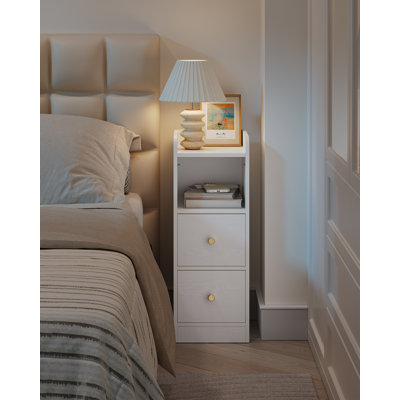 Slim Bedside Table, Narrow Side Table with 2 Drawers, Bedside Cabinet with Open Compartment, Adjustable Drawer Position for Bedroom, Living Room, 30 x 24 x 65 cm 