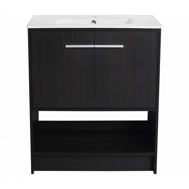 Meuble-lavabo de salle de bain avec lavabo en céramique, Chêne foncé, Argent argent